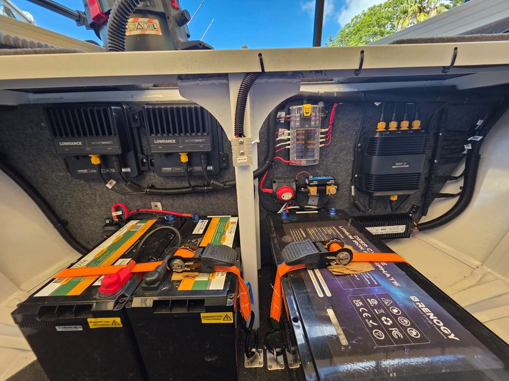 Lithium marine battery bank and wiring installed by Shotgun Marine Services Port Macquarie NSW